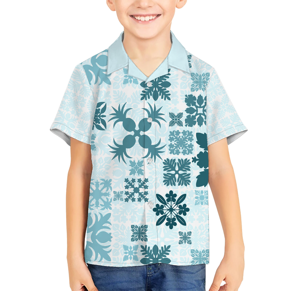 Vintage Hawaii Hawaiian Shirt Hawaiian Quilt Kapa Mismatch Teal LT7 - Polynesian Pride