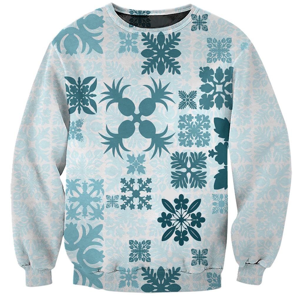 Vintage Hawaii Sweatshirt Hawaiian Quilt Kapa Mismatch Teal LT7 Unisex Teal - Polynesian Pride