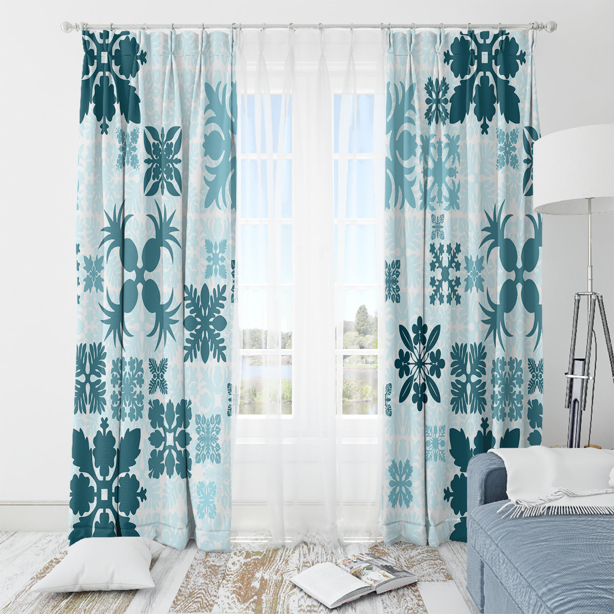 Vintage Hawaii Window Curtain Hawaiian Quilt Kapa Mismatch Teal LT7 - Polynesian Pride