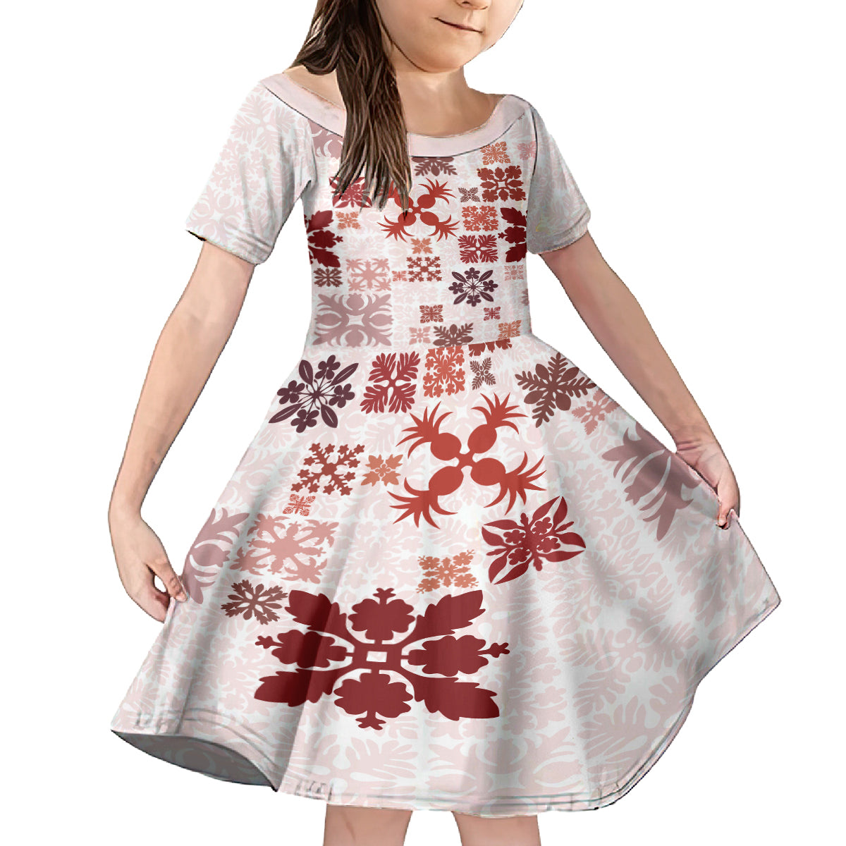 Vintage Hawaii Family Matching Off Shoulder Short Dress and Hawaiian Shirt Hawaiian Quilt Kapa Mismatch Red LT7 Daughter's Dress Red - Polynesian Pride