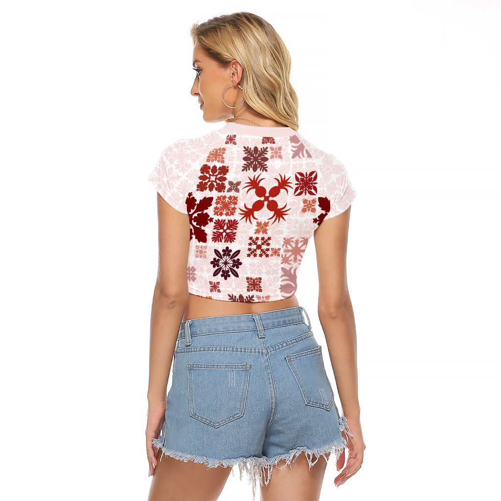 Vintage Hawaii Raglan Cropped T Shirt Hawaiian Quilt Kapa Mismatch Red LT7 - Polynesian Pride