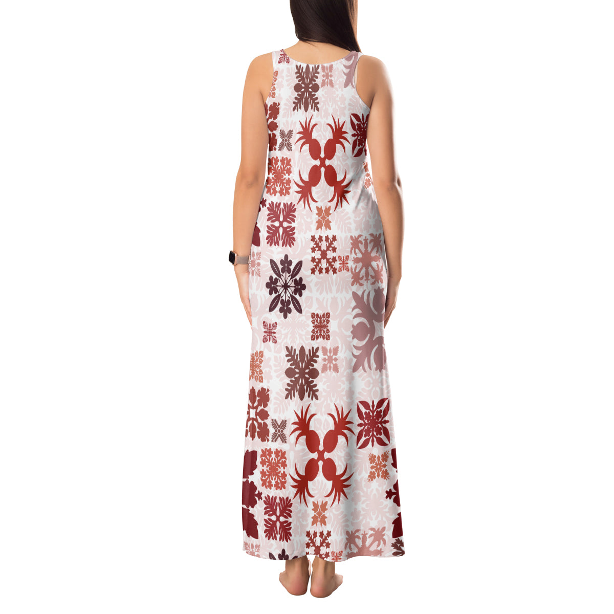 Vintage Hawaii Tank Maxi Dress Hawaiian Quilt Kapa Mismatch Red LT7 - Polynesian Pride