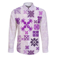 Vintage Hawaii Family Matching Short Sleeve Bodycon Dress and Hawaiian Shirt Hawaiian Quilt Kapa Mismatch Purple LT7 Dad's Shirt - Long Sleeve Purple - Polynesian Pride