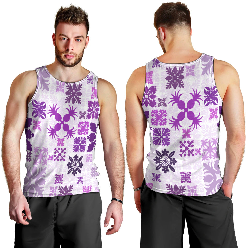 Vintage Hawaii Men Tank Top Hawaiian Quilt Kapa Mismatch Purple LT7 - Polynesian Pride