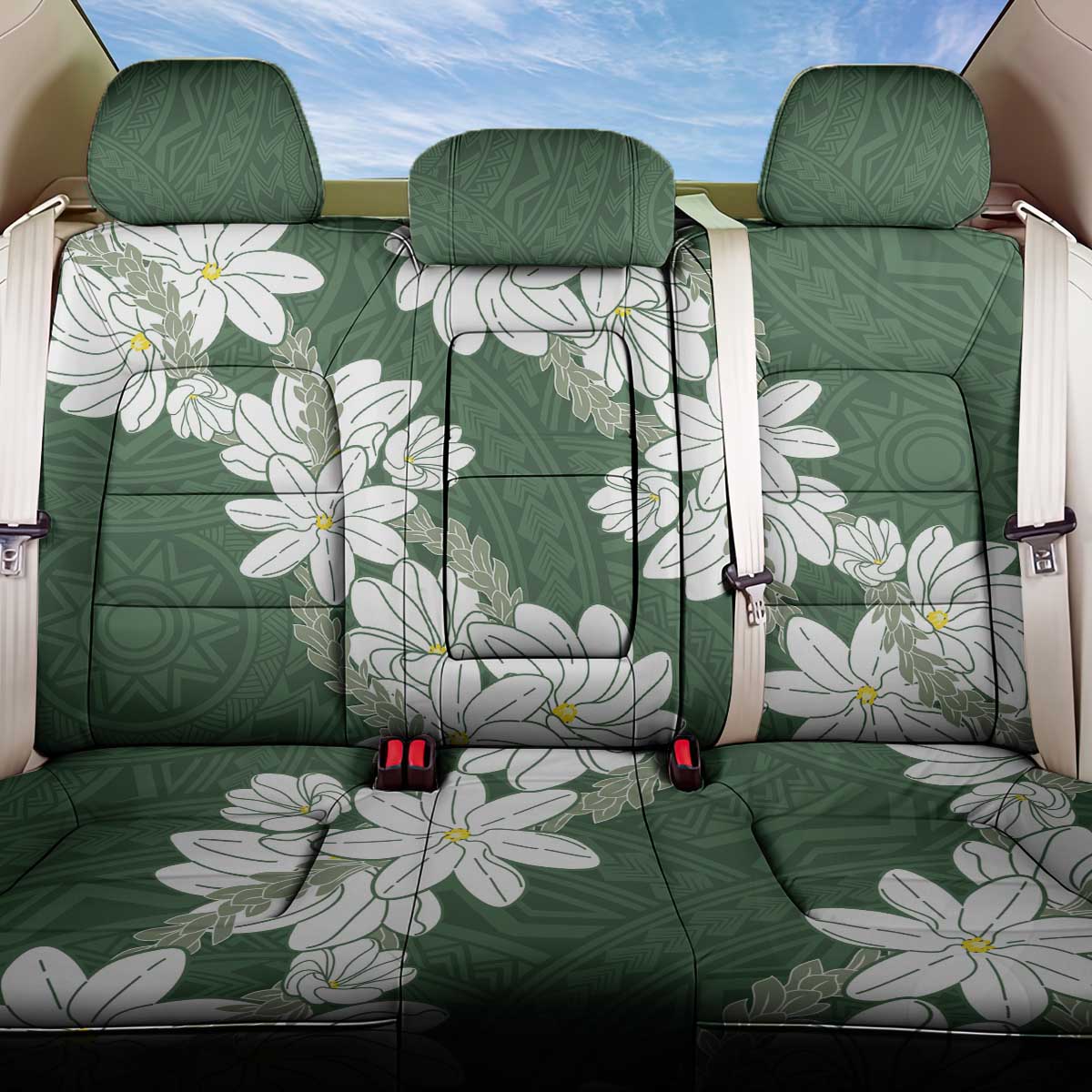 Ia Orana Tahiti Tiare Back Car Seat Cover Sage Green Lei - Polynesian Pride
