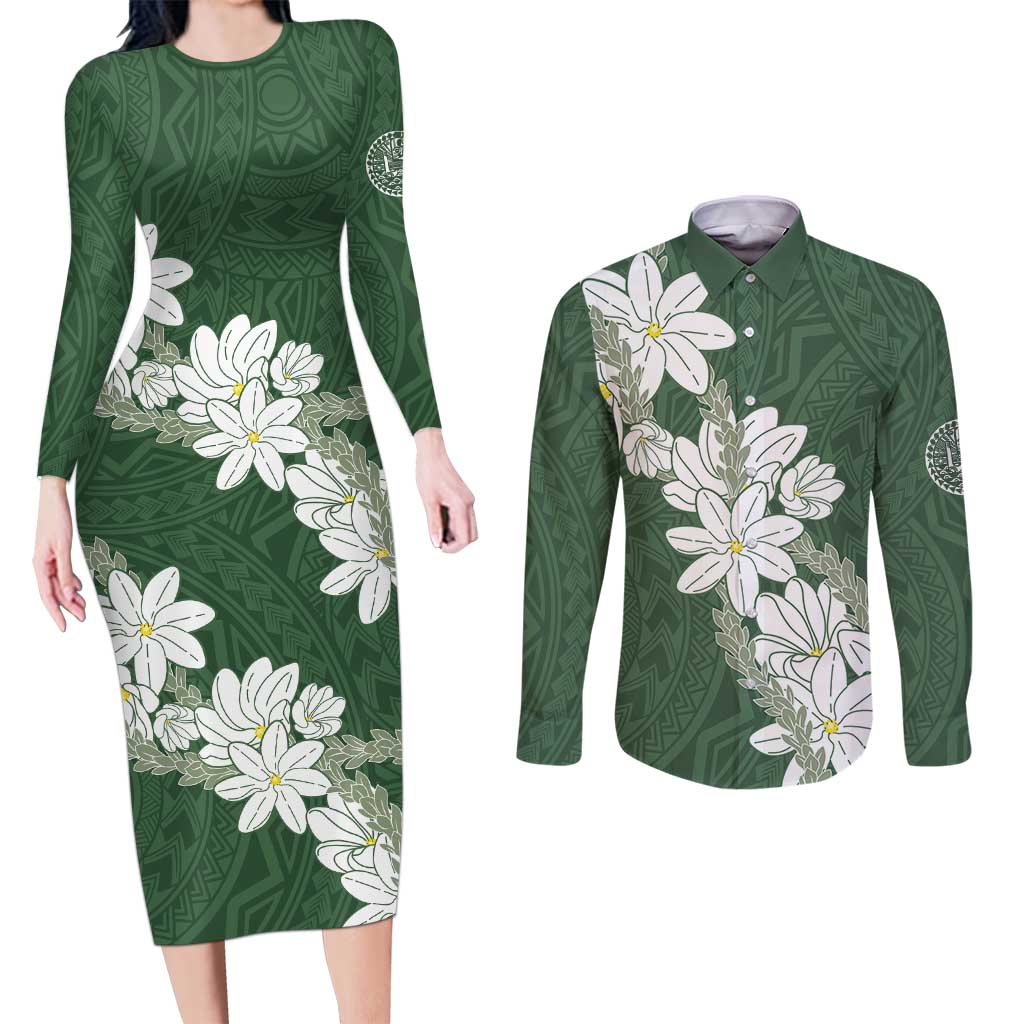 Ia Orana Tahiti Tiare Couples Matching Long Sleeve Bodycon Dress and Long Sleeve Button Shirt Sage Green Lei - Polynesian Pride