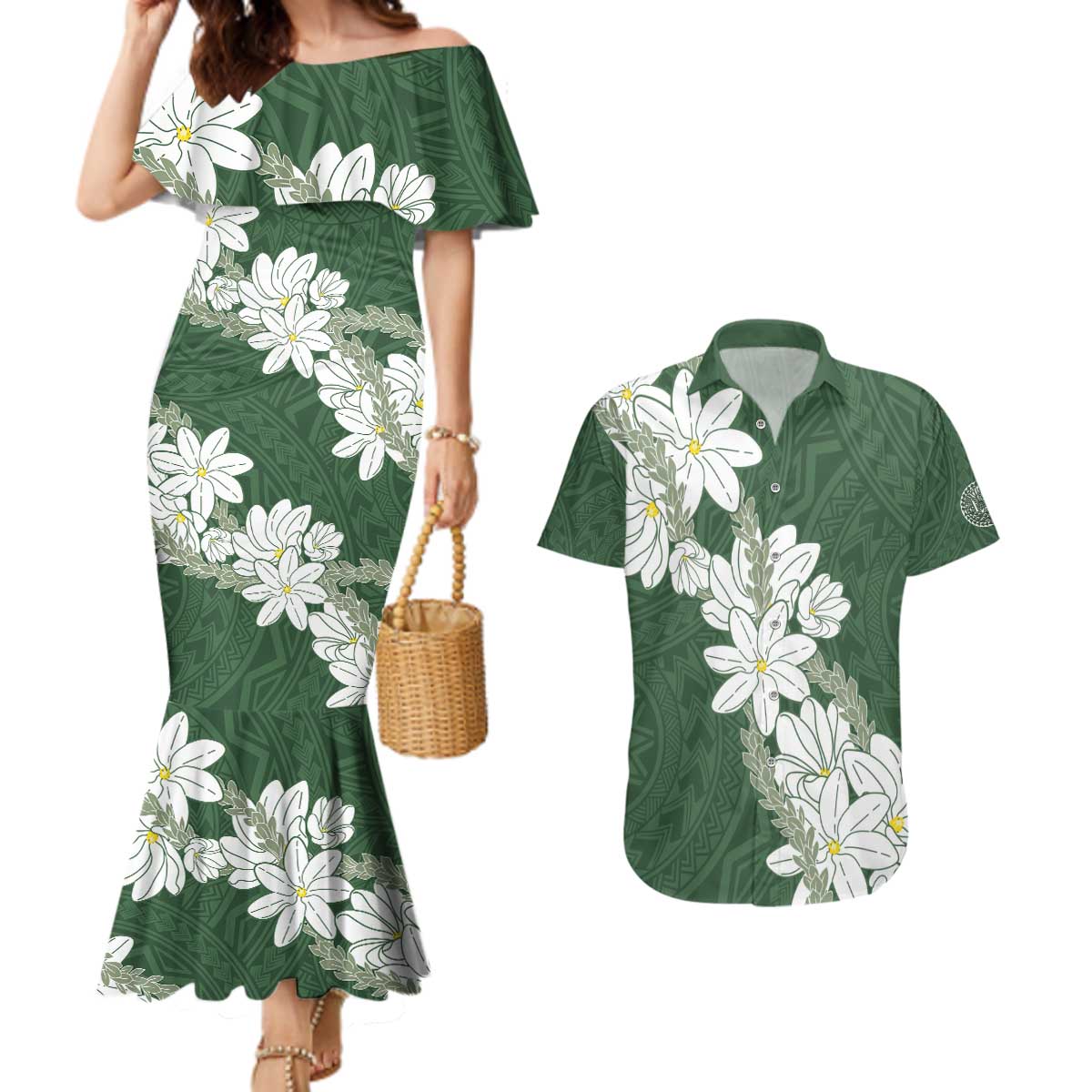 Ia Orana Tahiti Tiare Couples Matching Mermaid Dress and Hawaiian Shirt Sage Green Lei - Polynesian Pride
