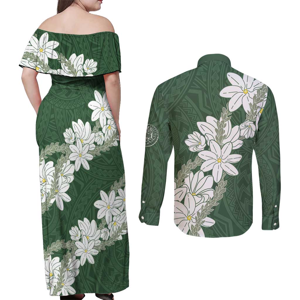 Ia Orana Tahiti Tiare Couples Matching Off Shoulder Maxi Dress and Long Sleeve Button Shirt Sage Green Lei - Polynesian Pride