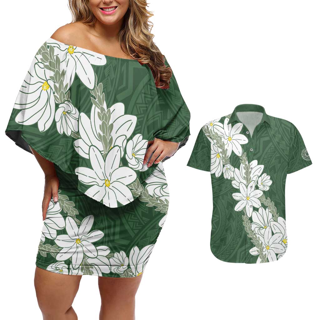 Ia Orana Tahiti Tiare Couples Matching Off Shoulder Short Dress and Hawaiian Shirt Sage Green Lei - Polynesian Pride