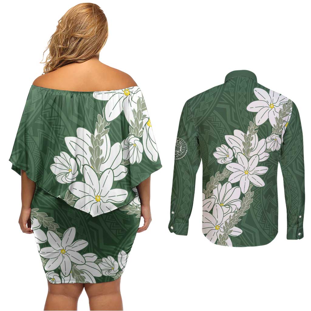 Ia Orana Tahiti Tiare Couples Matching Off Shoulder Short Dress and Long Sleeve Button Shirt Sage Green Lei - Polynesian Pride