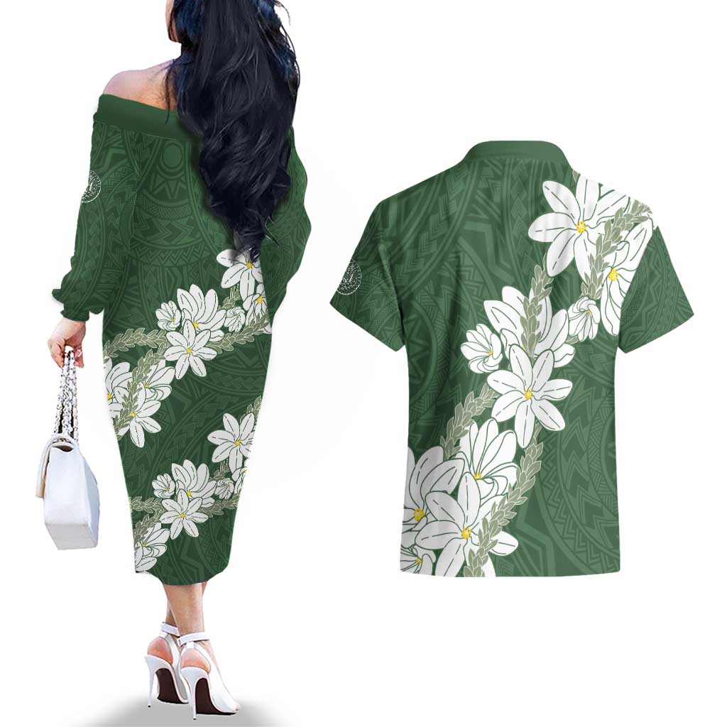 Ia Orana Tahiti Tiare Couples Matching Off The Shoulder Long Sleeve Dress and Hawaiian Shirt Sage Green Lei - Polynesian Pride