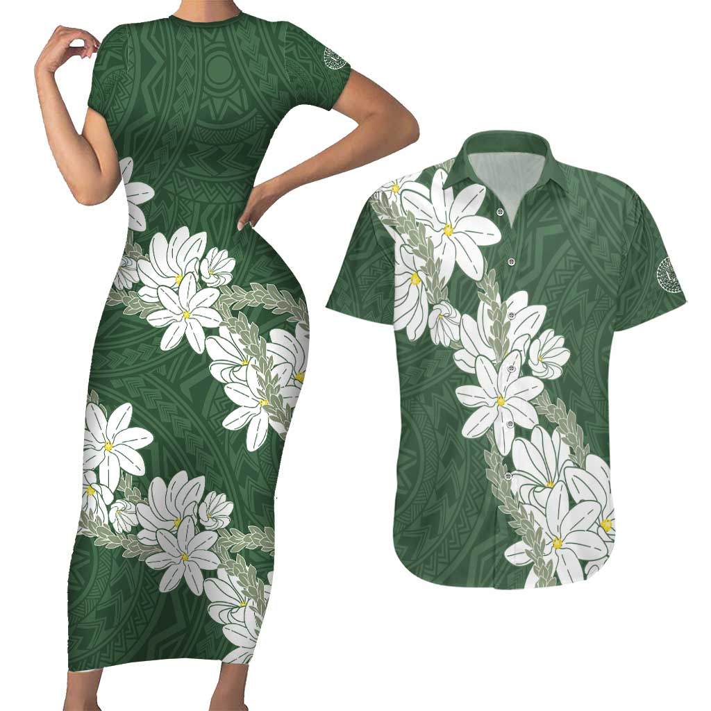 Ia Orana Tahiti Tiare Couples Matching Short Sleeve Bodycon Dress and Hawaiian Shirt Sage Green Lei - Polynesian Pride