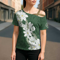 Ia Orana Tahiti Tiare Cross Shoulder Shirt Sage Green Lei - Polynesian Pride