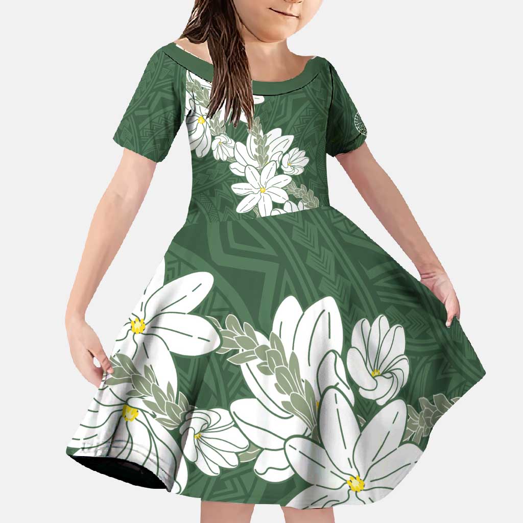 Ia Orana Tahiti Tiare Family Matching Mermaid Dress and Hawaiian Shirt Sage Green Lei - Polynesian Pride