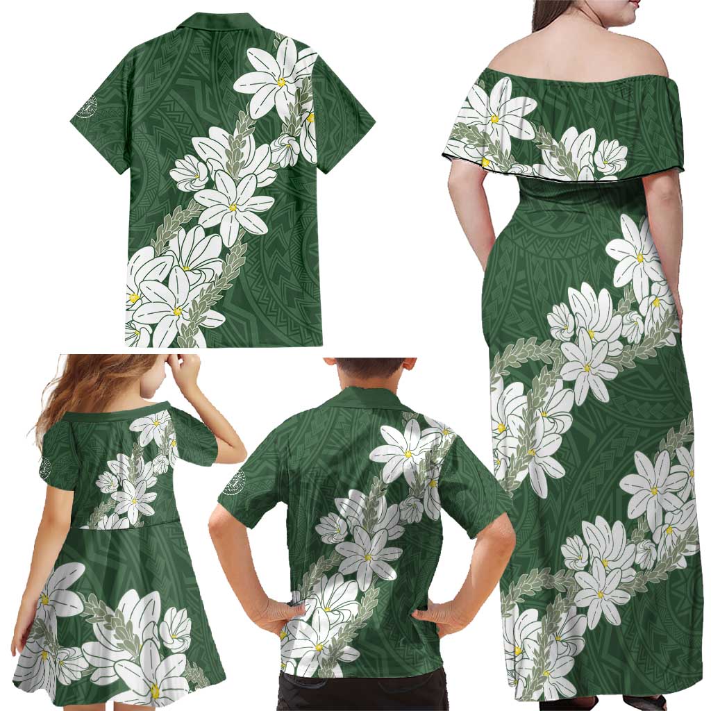 Ia Orana Tahiti Tiare Family Matching Off Shoulder Maxi Dress and Hawaiian Shirt Sage Green Lei - Polynesian Pride