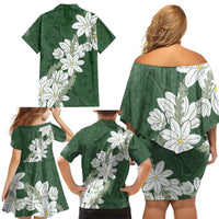 Ia Orana Tahiti Tiare Family Matching Off Shoulder Short Dress and Hawaiian Shirt Sage Green Lei - Polynesian Pride