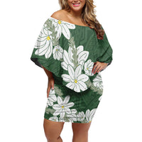 Ia Orana Tahiti Tiare Family Matching Off Shoulder Short Dress and Hawaiian Shirt Sage Green Lei - Polynesian Pride