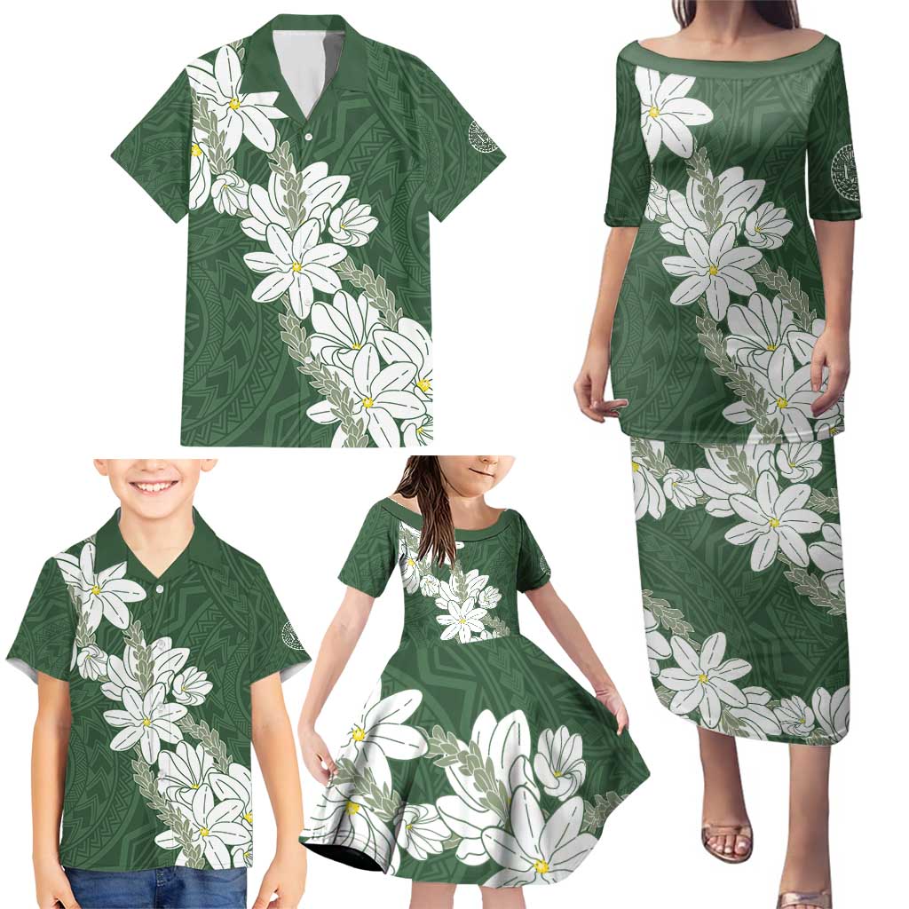 Ia Orana Tahiti Tiare Family Matching Puletasi and Hawaiian Shirt Sage Green Lei - Polynesian Pride