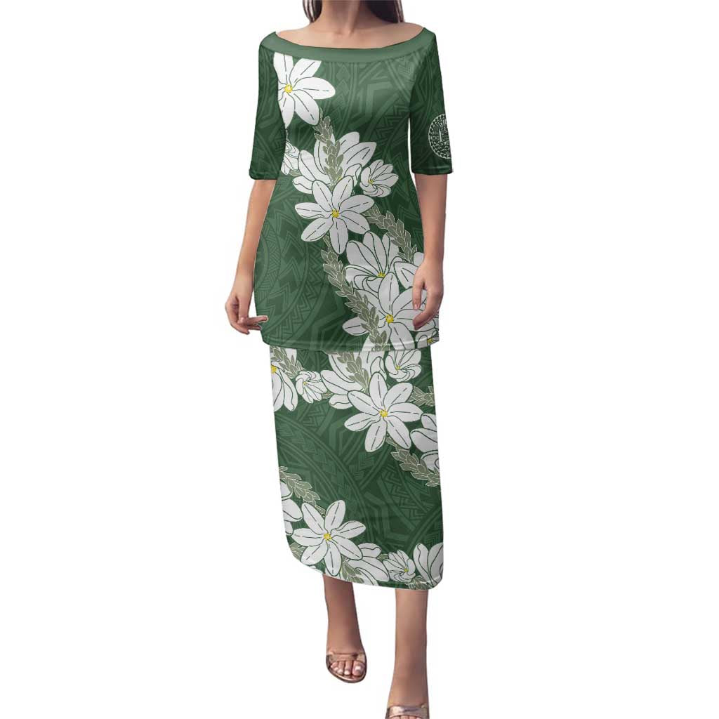 Ia Orana Tahiti Tiare Family Matching Puletasi and Hawaiian Shirt Sage Green Lei - Polynesian Pride