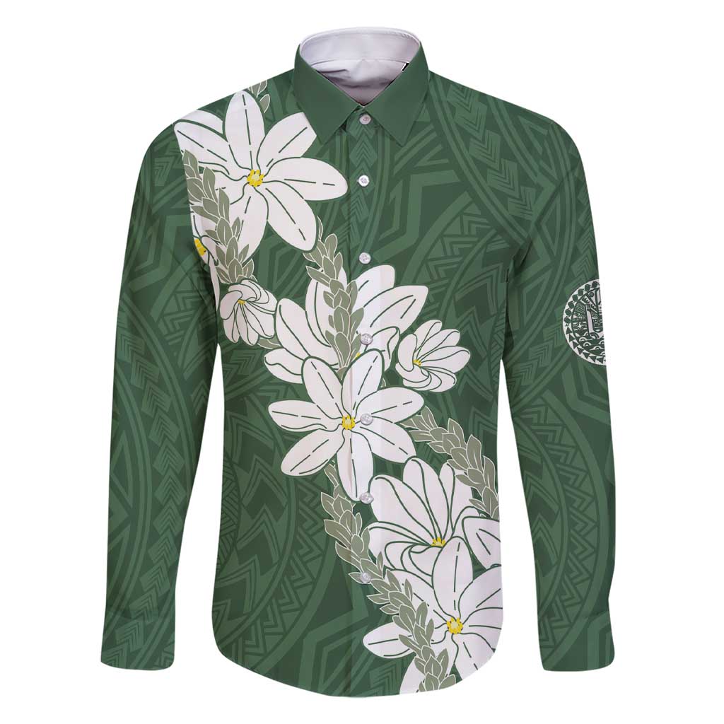 Ia Orana Tahiti Tiare Family Matching Short Sleeve Bodycon Dress and Hawaiian Shirt Sage Green Lei - Polynesian Pride