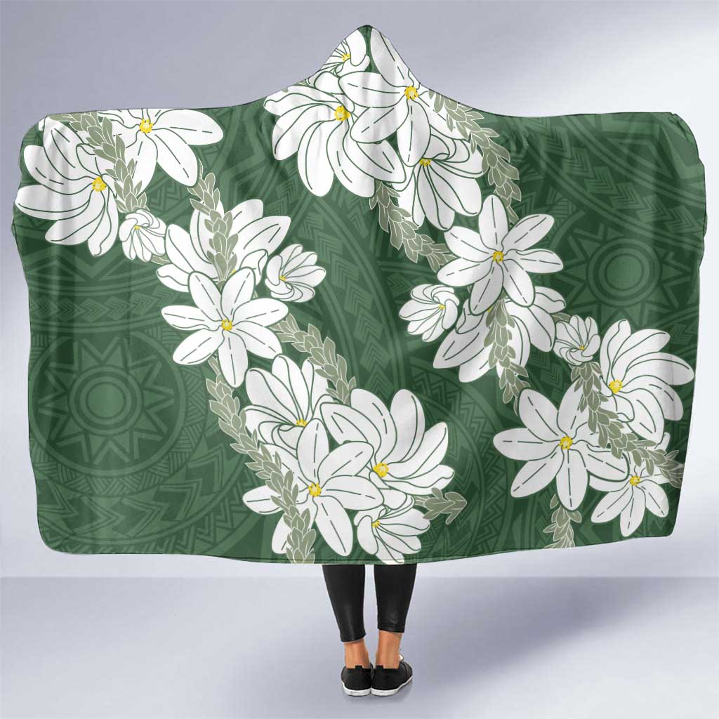 Ia Orana Tahiti Tiare Hooded Blanket Sage Green Lei - Polynesian Pride