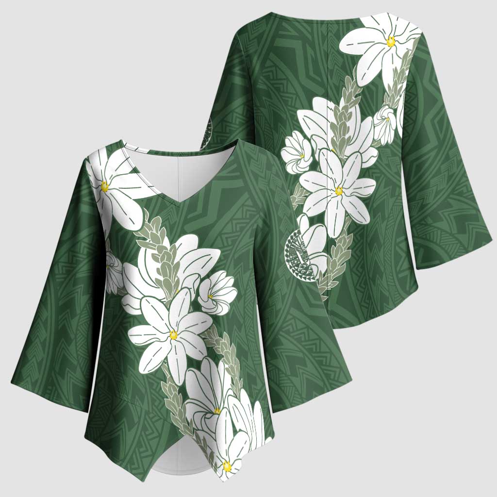 Ia Orana Tahiti Tiare Kimono Sleeve Blouse Sage Green Lei - Polynesian Pride