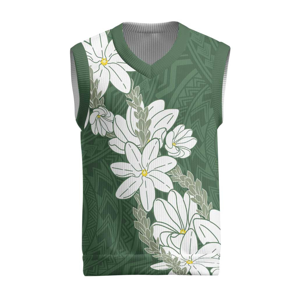 Ia Orana Tahiti Tiare Christmas Knitted V-Neck Vest Sage Green Lei - Polynesian Pride