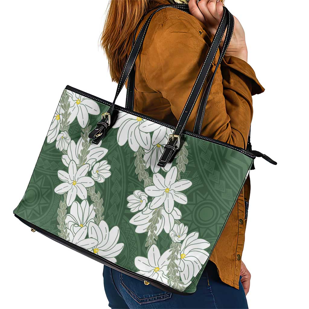Ia Orana Tahiti Tiare Leather Tote Bag Sage Green Lei - Polynesian Pride