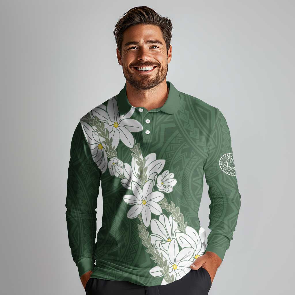 Ia Orana Tahiti Tiare Long Sleeve Polo Shirt Sage Green Lei - Polynesian Pride
