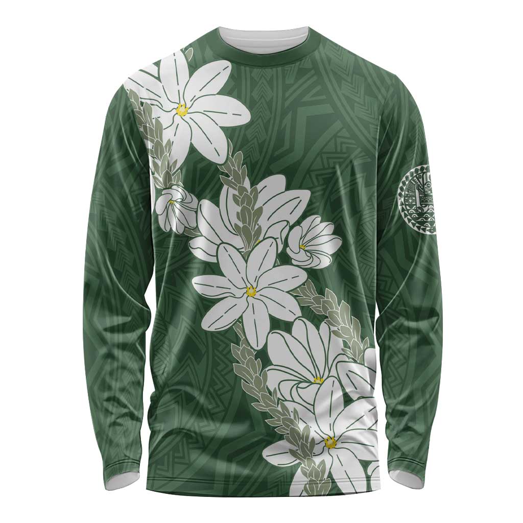 Ia Orana Tahiti Tiare Long Sleeve Shirt Sage Green Lei - Polynesian Pride