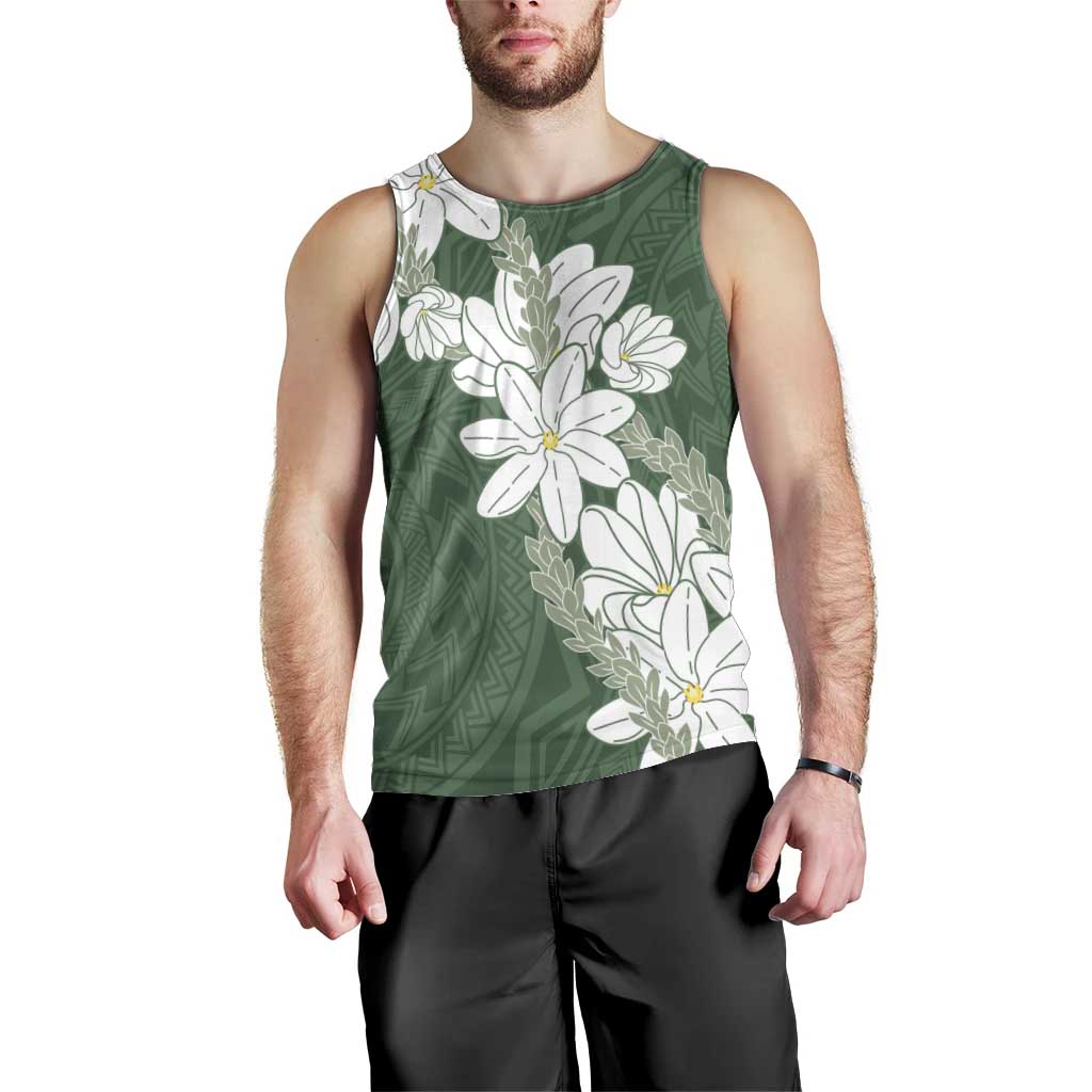 Ia Orana Tahiti Tiare Men Tank Top Sage Green Lei - Polynesian Pride