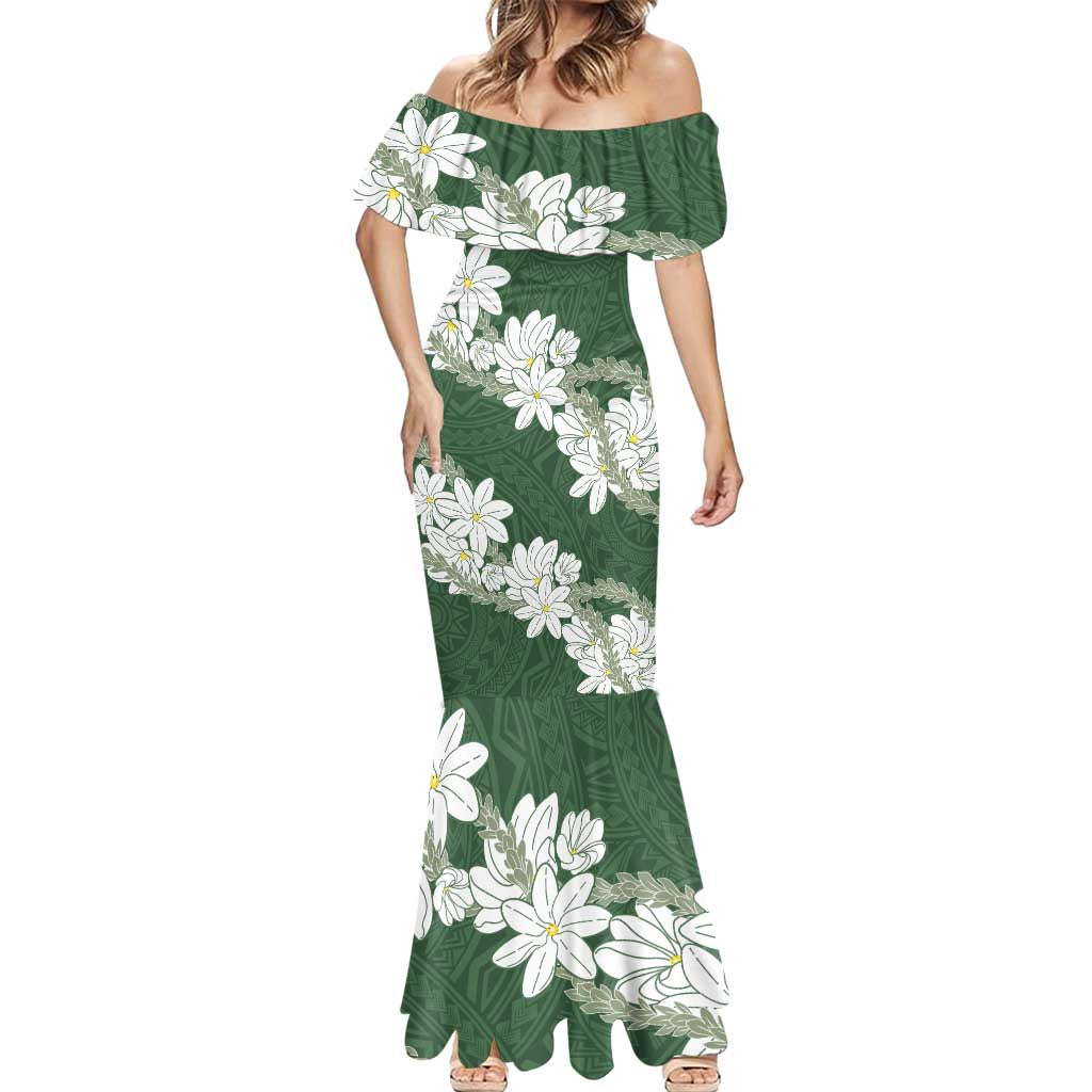 Ia Orana Tahiti Tiare Mermaid Dress Sage Green Lei - Polynesian Pride