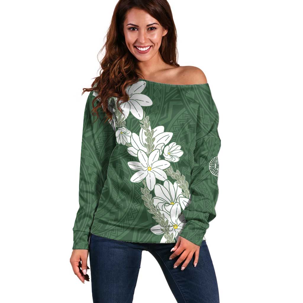 Ia Orana Tahiti Tiare Off Shoulder Sweater Sage Green Lei - Polynesian Pride