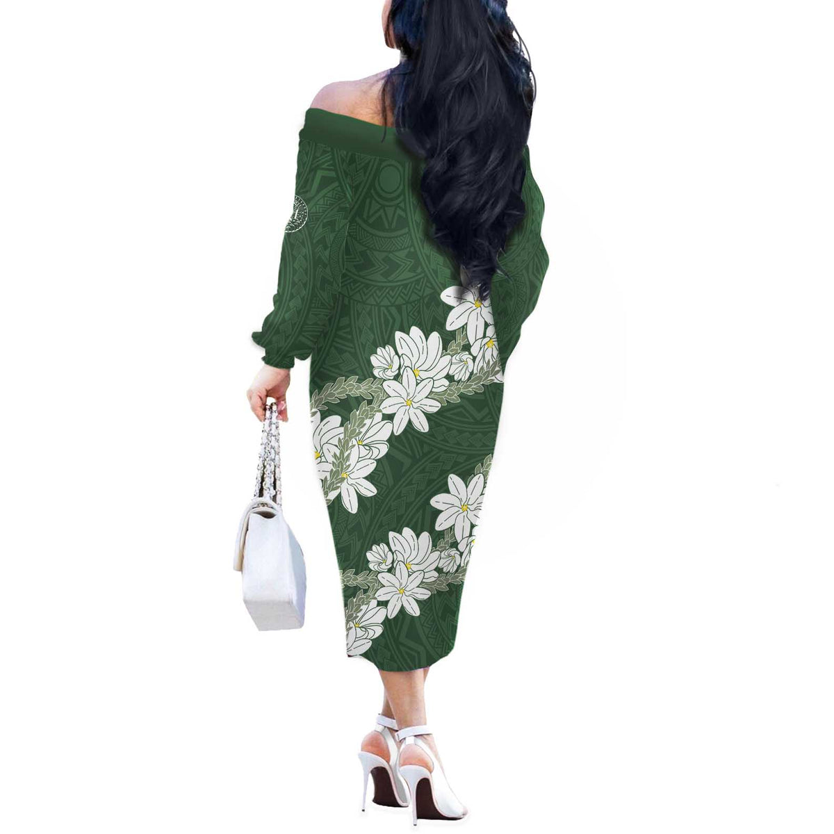 Ia Orana Tahiti Tiare Off The Shoulder Long Sleeve Dress Sage Green Lei - Polynesian Pride