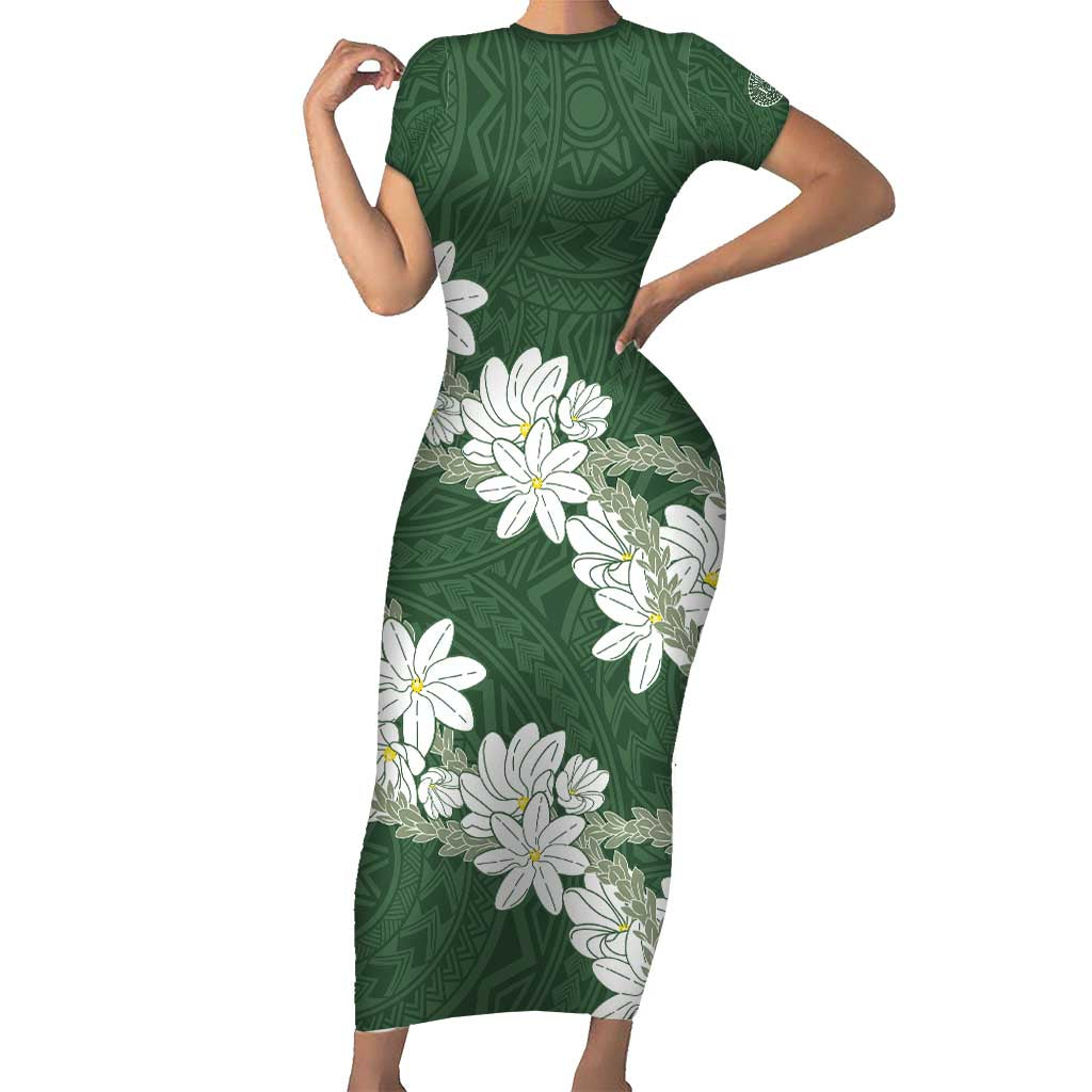 Ia Orana Tahiti Tiare Short Sleeve Bodycon Dress Sage Green Lei - Polynesian Pride