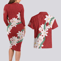 Ia Orana Tahiti Tiare Couples Matching Long Sleeve Bodycon Dress and Hawaiian Shirt Crimson Lei - Polynesian Pride