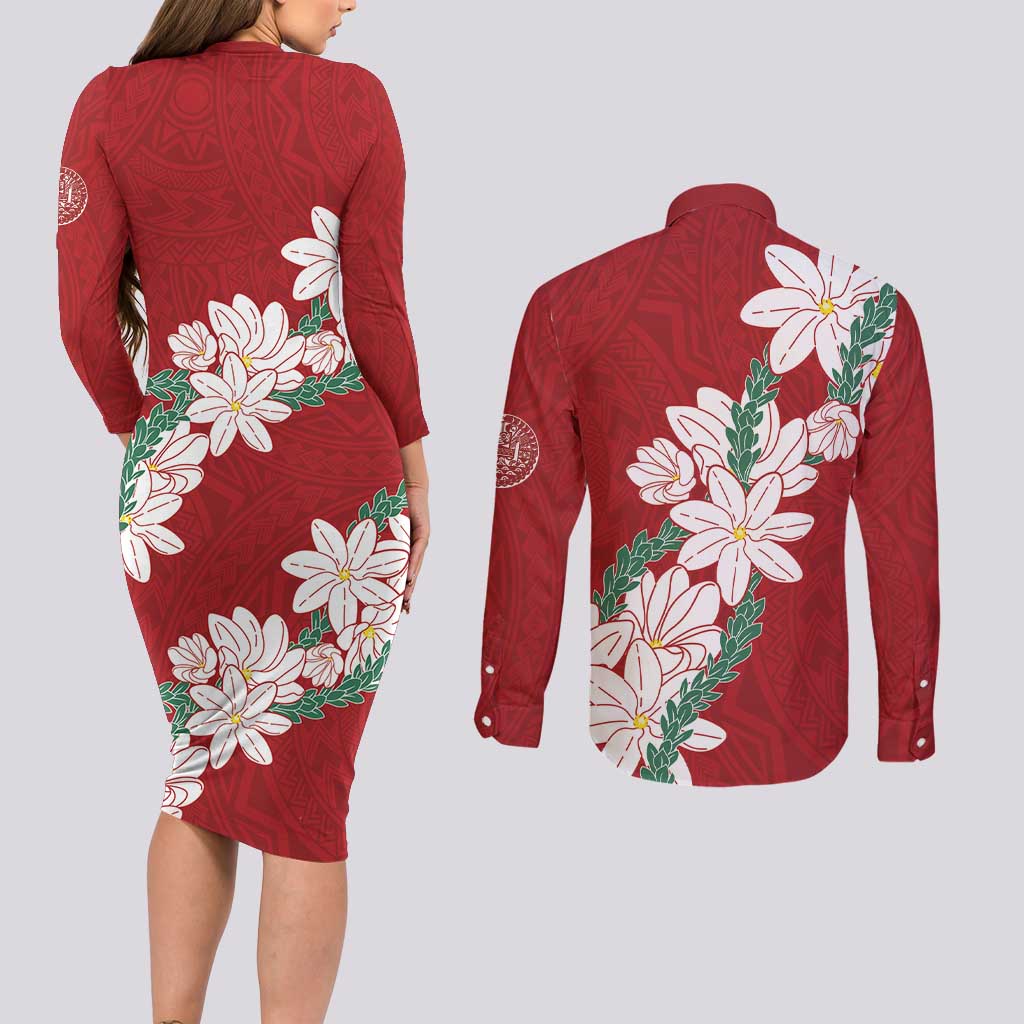 Ia Orana Tahiti Tiare Couples Matching Long Sleeve Bodycon Dress and Long Sleeve Button Shirt Crimson Lei - Polynesian Pride