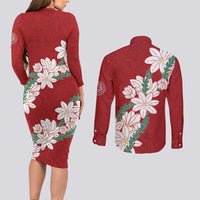 Ia Orana Tahiti Tiare Couples Matching Long Sleeve Bodycon Dress and Long Sleeve Button Shirt Crimson Lei - Polynesian Pride