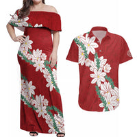 Ia Orana Tahiti Tiare Couples Matching Off Shoulder Maxi Dress and Hawaiian Shirt Crimson Lei - Polynesian Pride