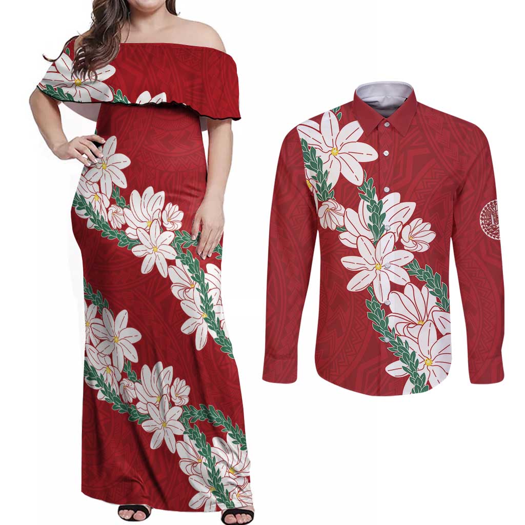 Ia Orana Tahiti Tiare Couples Matching Off Shoulder Maxi Dress and Long Sleeve Button Shirt Crimson Lei - Polynesian Pride