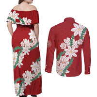 Ia Orana Tahiti Tiare Couples Matching Off Shoulder Maxi Dress and Long Sleeve Button Shirt Crimson Lei - Polynesian Pride