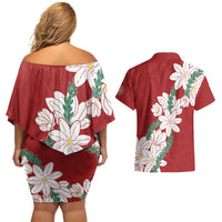 Ia Orana Tahiti Tiare Couples Matching Off Shoulder Short Dress and Hawaiian Shirt Crimson Lei - Polynesian Pride