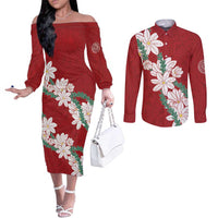 Ia Orana Tahiti Tiare Couples Matching Off The Shoulder Long Sleeve Dress and Long Sleeve Button Shirt Crimson Lei - Polynesian Pride