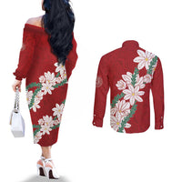Ia Orana Tahiti Tiare Couples Matching Off The Shoulder Long Sleeve Dress and Long Sleeve Button Shirt Crimson Lei - Polynesian Pride