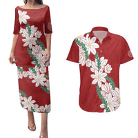 Ia Orana Tahiti Tiare Couples Matching Puletasi and Hawaiian Shirt Crimson Lei - Polynesian Pride