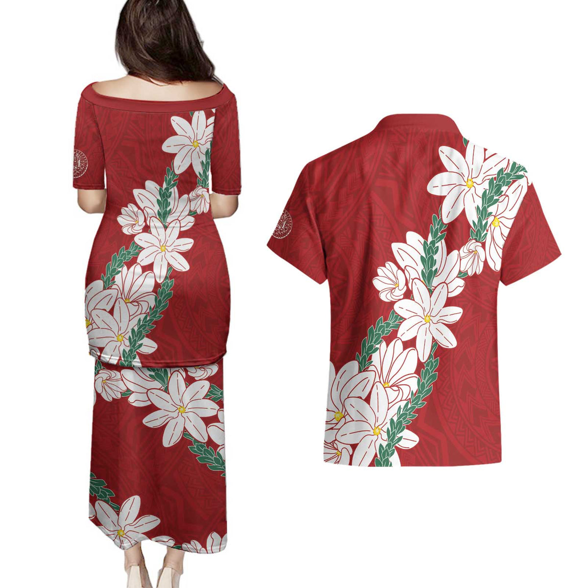 Ia Orana Tahiti Tiare Couples Matching Puletasi and Hawaiian Shirt Crimson Lei - Polynesian Pride