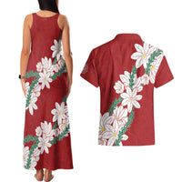 Ia Orana Tahiti Tiare Couples Matching Tank Maxi Dress and Hawaiian Shirt Crimson Lei - Polynesian Pride