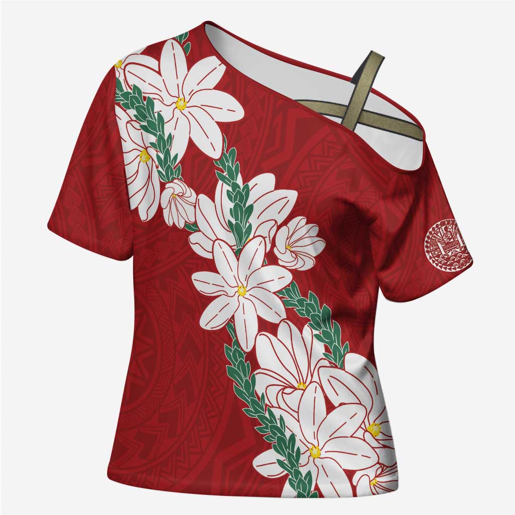 Ia Orana Tahiti Tiare Cross Shoulder Shirt Crimson Lei - Polynesian Pride