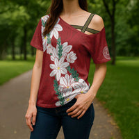 Ia Orana Tahiti Tiare Cross Shoulder Shirt Crimson Lei - Polynesian Pride