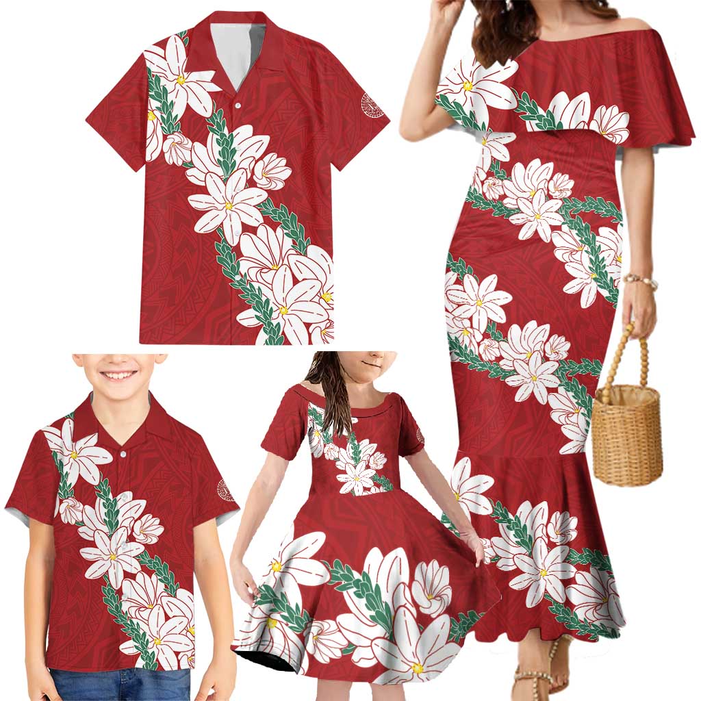 Ia Orana Tahiti Tiare Family Matching Mermaid Dress and Hawaiian Shirt Crimson Lei - Polynesian Pride